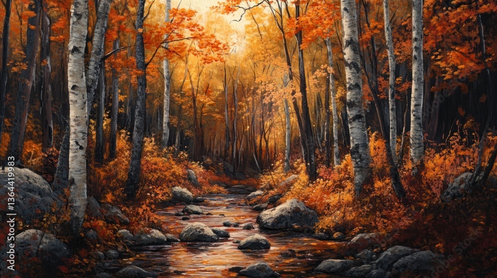 Obraz premium A serene autumn landscape featuring a flowing stream surrounded by vibrant orange foliage.