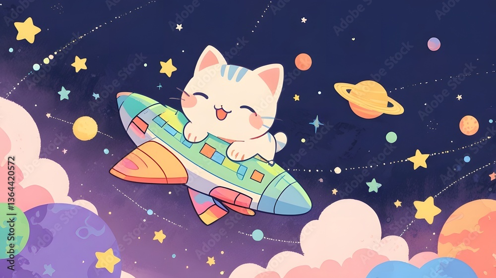 Naklejka premium Cute cat surrounded by twinkling stars.