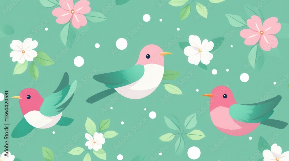Cute Birds Flowers Spring Seamless Pattern. Cute Birds Flowers Spring Seamless Pattern.