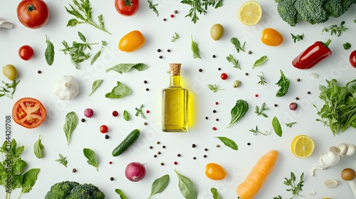 Top view of fresh vegetables, greens, olive oil, and spices on a bright kitchen countertop, vibrant colors, healthy and organic food composition perfect for cooking, recipes, and healthy lifestyle