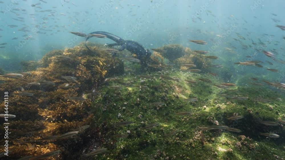 Diving Iguana, so called Godzilla Iguana feeding on algues and swims underwater in the Galapagos Islands, Ecuador