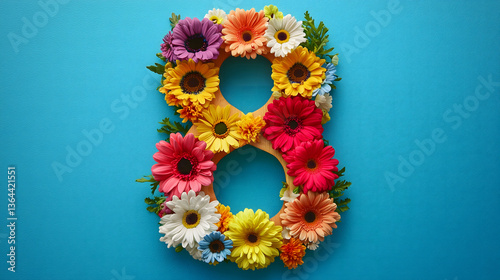 Colorful Floral Number 8 with Bright Gerbera Daisies and Blue Background. Vibrant floral number 8 with daisies and bright colors on blue background