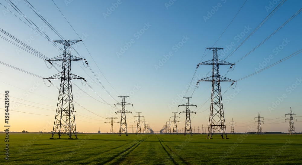 Serene Sunset Illuminates Power Lines Across Field. AI Generated Serene Sunset Illuminates Power Lines Across Field. AI Generated