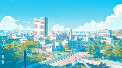 青空に広がる入道雲が爽やかな夏の都市風景イラスト・緑とビルが共存する癒しの街並み・ポップなレトロアニメ調線画・ナチュラルで明るい生活感のある都市の背景素材・青春の日常風景・夏休み