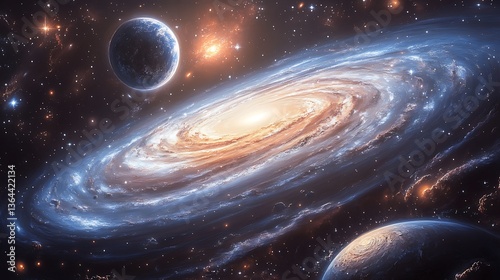 Spiral galaxy with planets and stars.