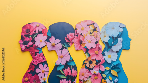 Floral Silhouettes of Women Representing Strength and Beauty. Artistic floral silhouettes of women celebrating empowerment and diversity