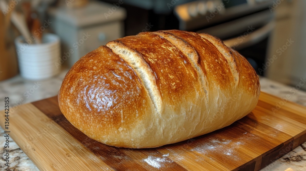 Crusty Artisan Bread Loaf on Wooden Cutting Board Homemade Bakery Golden Brown Crusty Artisan Bread Loaf on Wooden Cutting Board Homemade Bakery Golden Brown