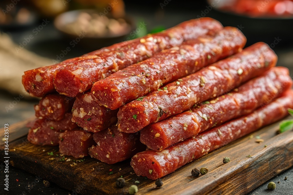 Pile of dry-cured sausages with spices sits on a wooden cutting board. Great shot for food blogs, menu design, or culinary publication. Pile of dry-cured sausages with spices sits on a wooden cutting board. Great shot for food blogs, menu design, or culinary publication.