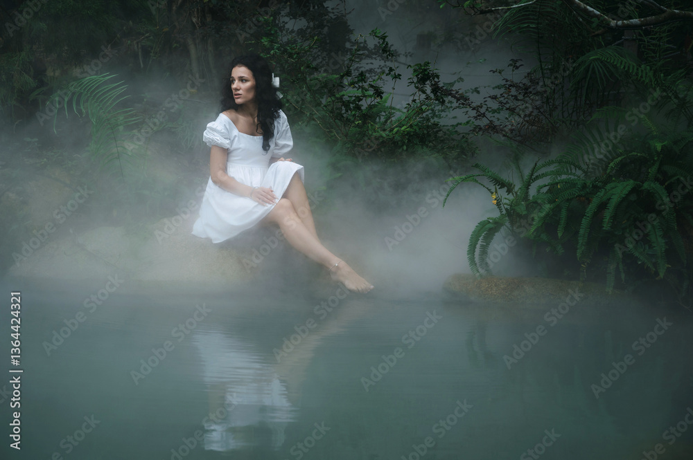 Fototapeta premium A princess or fairy in a mystical garden by the lake surrounded by trees and fog. Fairyland