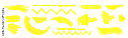 Bright yellow highlighter pen brushstrokes, marker lines collection - thick uneven zigzag strokes, squiggles, doodle curves, strikethrough. Rough highlight shapes set, hand drawn underline elements.