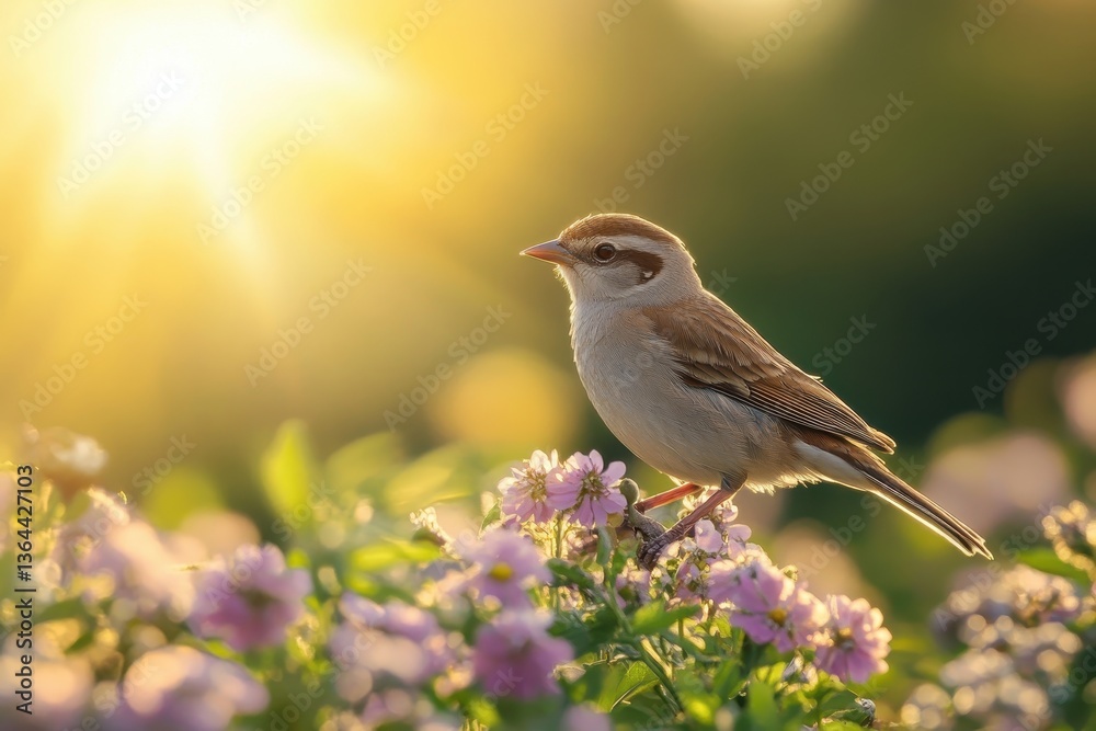 Small sparrow perched on pink flowers with bright sunshine background. Ideal for nature themes, spring concepts and peaceful, joyful feelings. Small sparrow perched on pink flowers with bright sunshine background. Ideal for nature themes, spring concepts and peaceful, joyful feelings.