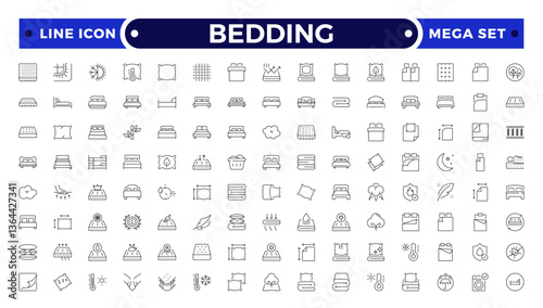 Bedding outline icon. Collection of Icons of Wardrobe, Bed, Sofa, Table, Chair Drawn with Thin Line for apps, web sites, banners.