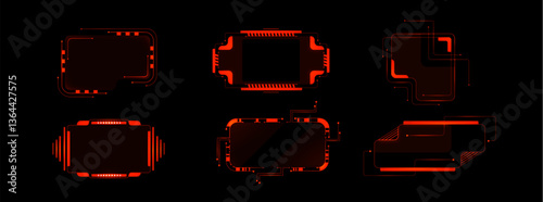 Red cyberpunk hud frames set isolated on black background. Vector realistic illustration of abstract neon line borders, game user interface design elements, graphic sci fi panels, dashboard buttons