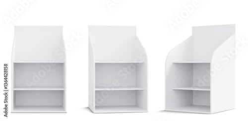 Store display mockups set isolated on white background. Vector realistic illustration of cardboard or wooden supermarket shelves for goods, blank product stand front and side view, retail counter