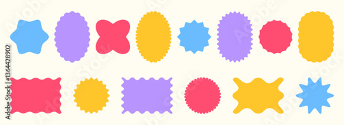 Scalloped groovy frame set - wavy border badges, retro speech bubble shapes in bright vivid colors. Funky starburst, oval curve edge design elements for label or tag, sticker and sale banner.