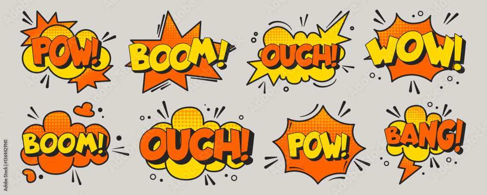 Fototapeta premium Comic book exclamation balloons set with different sounds - pow, wow, boom, ouch and bang. Bright orange and yellow speech bubbles in pop art style. Retro cartoon design elements, vector illustration.