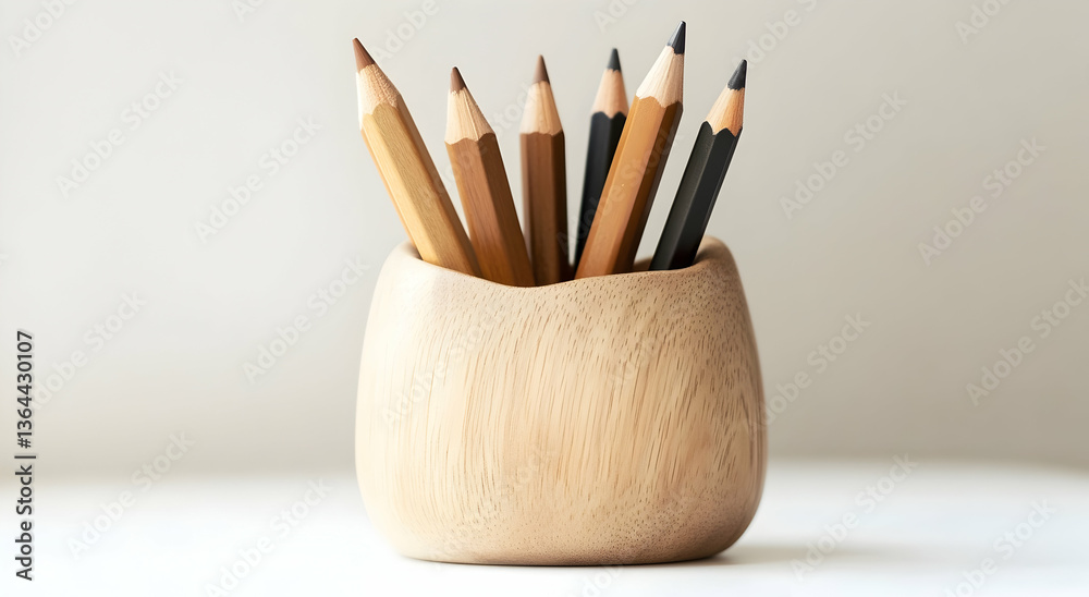 Obraz premium pencil pot made of natural beechwood with pencils inside on a white background.