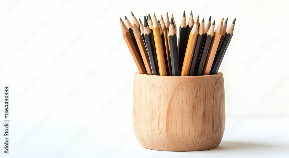 Fototapeta premium pencil pot made of natural beechwood with pencils inside on a white background.