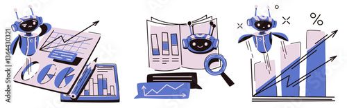 Robot analytics set - cute chatbot assistant analyzing business data, financial charts and infographics. Smiling bots with statistics graphs, magnifying glass, documents for analytics, ai technology.