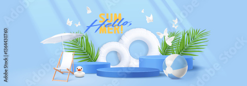 Beach summer scene with blue podium display, white inflatable rings and butterflies, umbrella and palm leaves, rubber duck, beach ball and lounge chair. Product showcase mock up of tropical vacation.