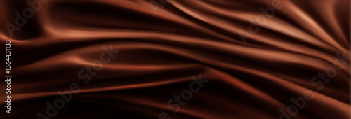 Smooth melted chocolate swirls background. Dark brown flowing silk fabric or liquid chocolate texture. Luxury cocoa ripple pattern, creamy truffle ganache or chocolate syrup. Abstract 3d wavy folds.