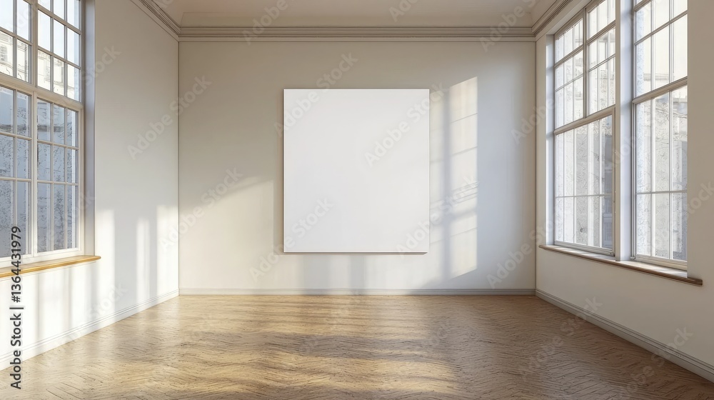 Obraz premium A brightly lit empty room with large windows and blank canvas