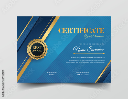 Blue and gold certificate with a gold line and blue line