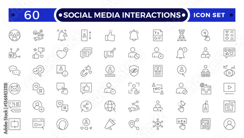 Social media Interactions, Communication, speaking and talking outline icon set. People interacting, speech bubbles, social interactions, collaboration and multiple communicating methods.