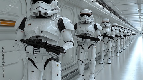 Stormtroopers standing in a line in a spaceship corridor.