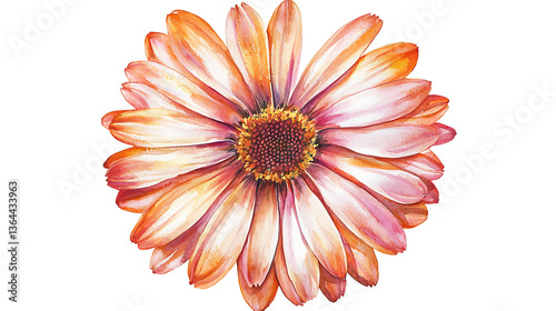 A watercolor painting of a flower with a pink center and orange petals
