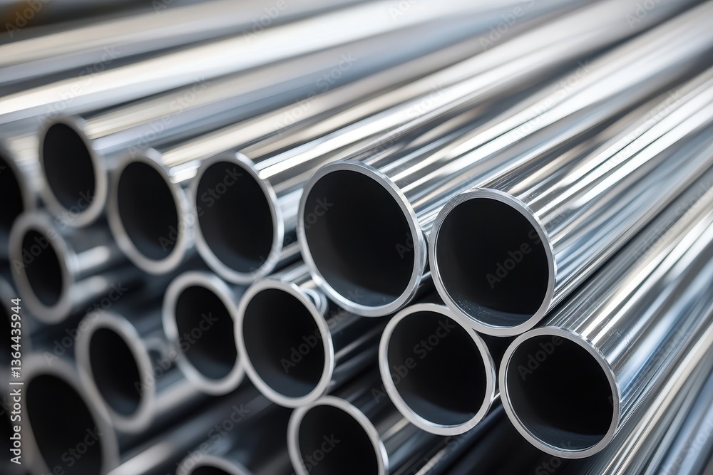 Shiny, silver metal pipes are stacked neatly together in a close-up view. It's perfect for illustrating industry, construction, or manufacturing concepts. Shiny, silver metal pipes are stacked neatly together in a close-up view. It's perfect for illustrating industry, construction, or manufacturing concepts.