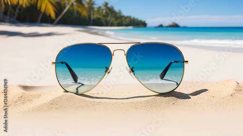 Close up aviator sunglasses in sand on sunny tropical ocean beach