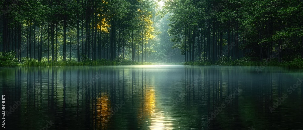 Obraz premium Misty Forest Reflecting on Still Water