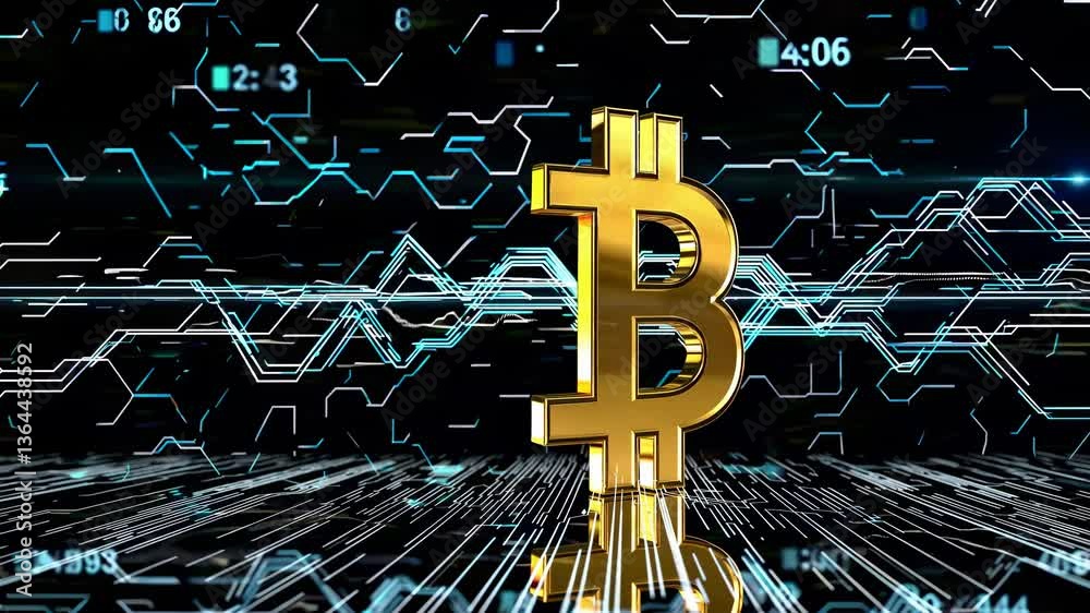 Dynamic video of a 3D Bitcoin symbol with a futuristic digital background. Low-angle shot emphasizes technology and cryptocurrency themes. Live desktop wallpaper.