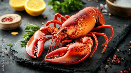 Cooked Lobster on Slate with Lemon and Herbs, Seafood , Gourmet