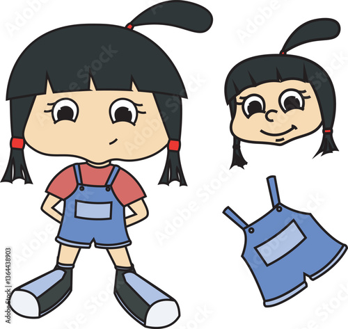 Little girl illustration with cartoon style - cute baby girl with red tees - outfit set