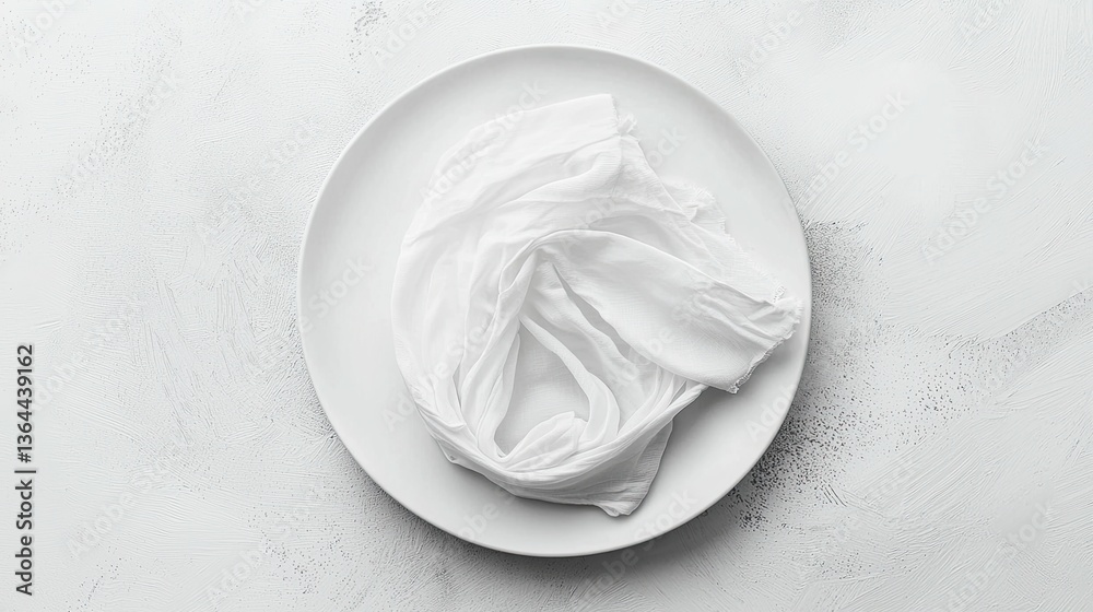A crumpled white fabric rests on a simple white dinner plate