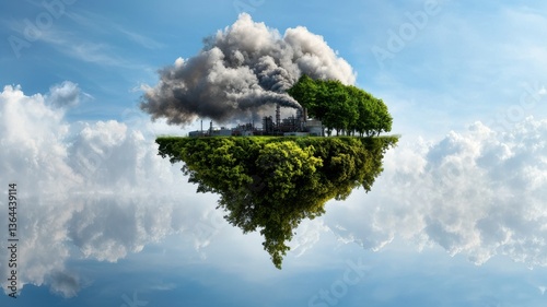 Industrial pollution impact on nature aerial view of floating ecosystem surreal environment concept art