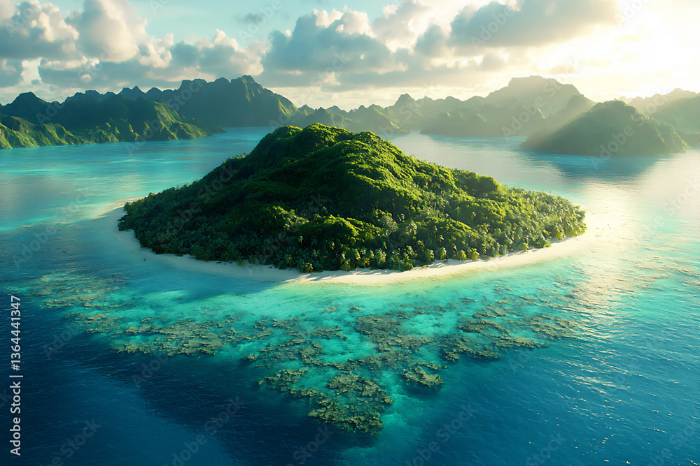 Fototapeta premium lush green island in a clear turquoise lagoon