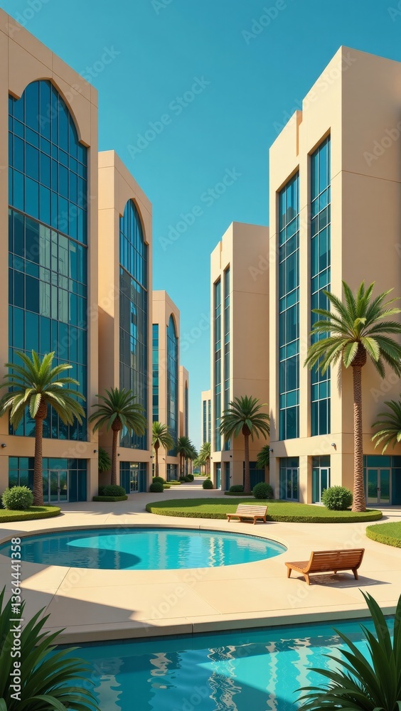 Fototapeta premium Emirati Urban Oasis depicted in modern building with large glass windows, palm trees, clear blue pool. Concept of Emirati Urban Oasis showcasing serene landscape and tranquility.