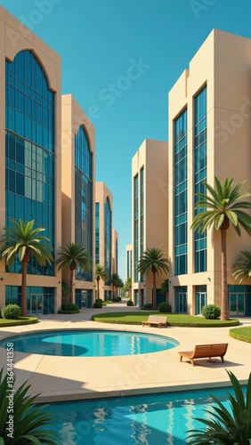 Emirati Urban Oasis depicted in modern building with large glass windows  palm trees  clear blue pool. Concept of Emirati Urban Oasis showcasing serene landscape and tranquility.