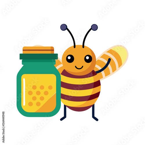 Cartoon illustration of a bee with a jar of honey