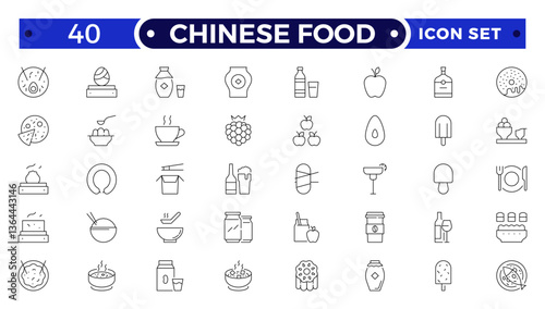 Chinese Food icon set. Includes Soup, Bowl, Chinese, Food, Kitchen, Meal, Burger, donut, French fries, hot dog, kabab, pizza, ice cream, pizza  and More.