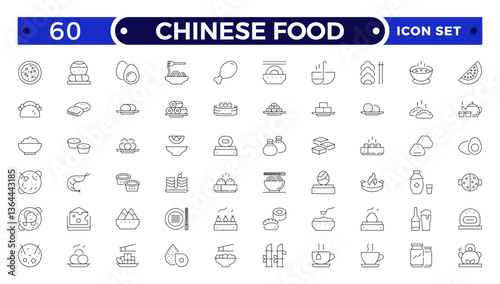 Chinese Food icon set. Includes Soup, Bowl, Chinese, Food, Kitchen, Meal, Burger, donut, French fries, hot dog, kabab, pizza, ice cream, pizza  and More.