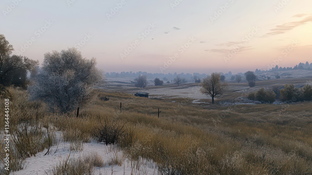 Fototapeta premium Winter Landscape with Frost Covered Shrubs and Hazy Horizon