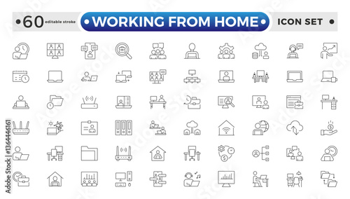 Working from home outline icon set. Containing remote work, work online, freelancing, home office, digital nomad, portfolio, and more. Editable stroke outline icon.
