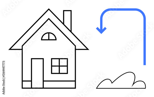 House with door, chimney, and window, next to a curved blue arrow pointing toward a bush. Ideal for relocation, eco-living, gardening, sustainability house moving direction home decor. Flat simple
