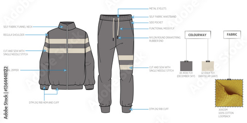 Men's High Neck Sweatshirt and Jogger Sports Tracksuit Technical Flat Sketch with Tech Pack
