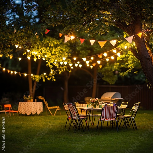 A backyard garden party lit with strings of decorative lights