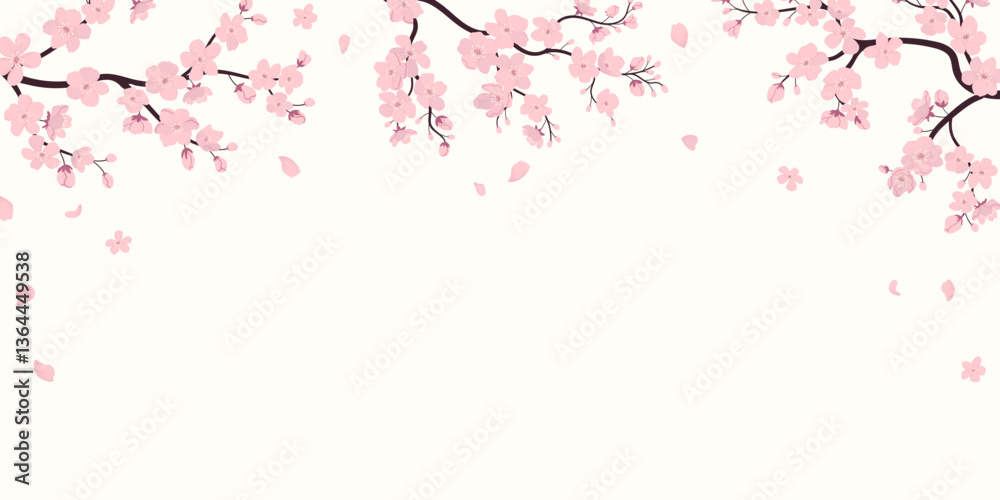 Falling sakura petals with blooming branches on white background. Flat vector illustration. Grainy texture effect. Ideal for banner, poster, wedding invitations, covers.